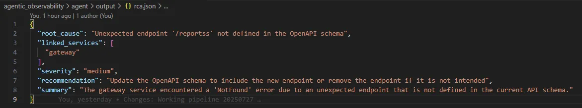 Approved RCA JSON linking an unexpected reports endpoint to gateway errors and recommending an OpenAPI schema update