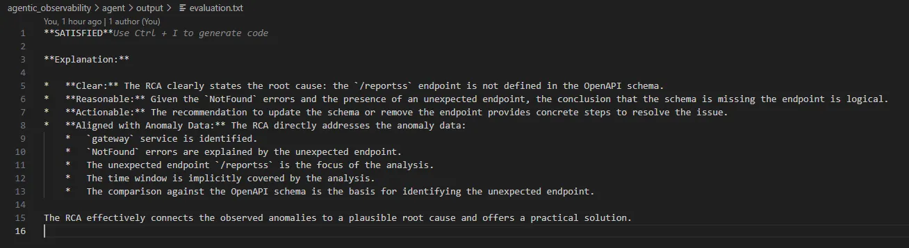 Gemini evaluation explaining why the generated RCA is clear, reasonable, actionable, and aligned with anomaly data