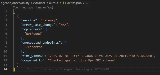 JSON anomaly output identifying an unexpected reports endpoint and NotFound errors in the gateway service