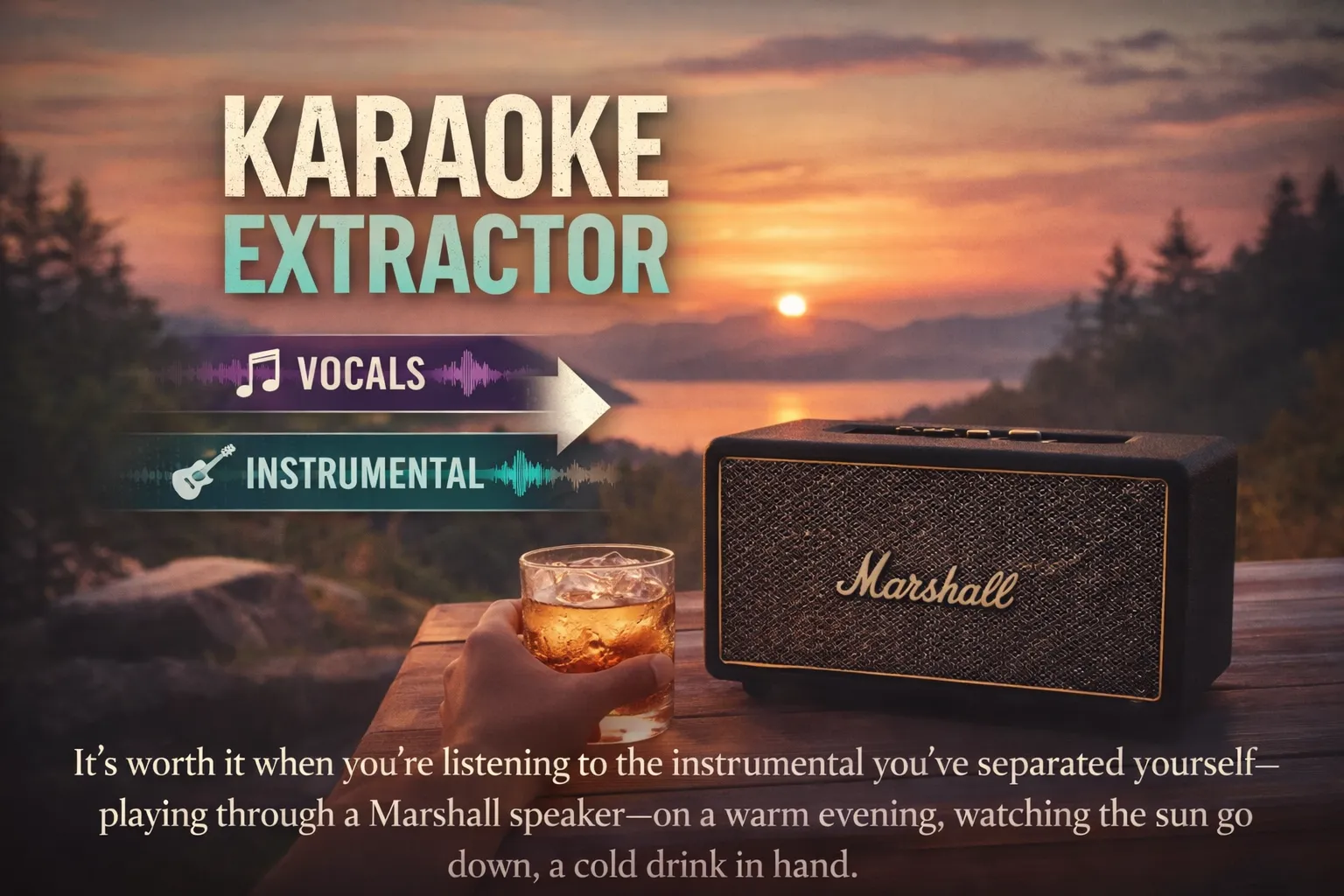 Karaoke Extractor illustration showing vocals separated from an instrumental track beside a speaker at sunset