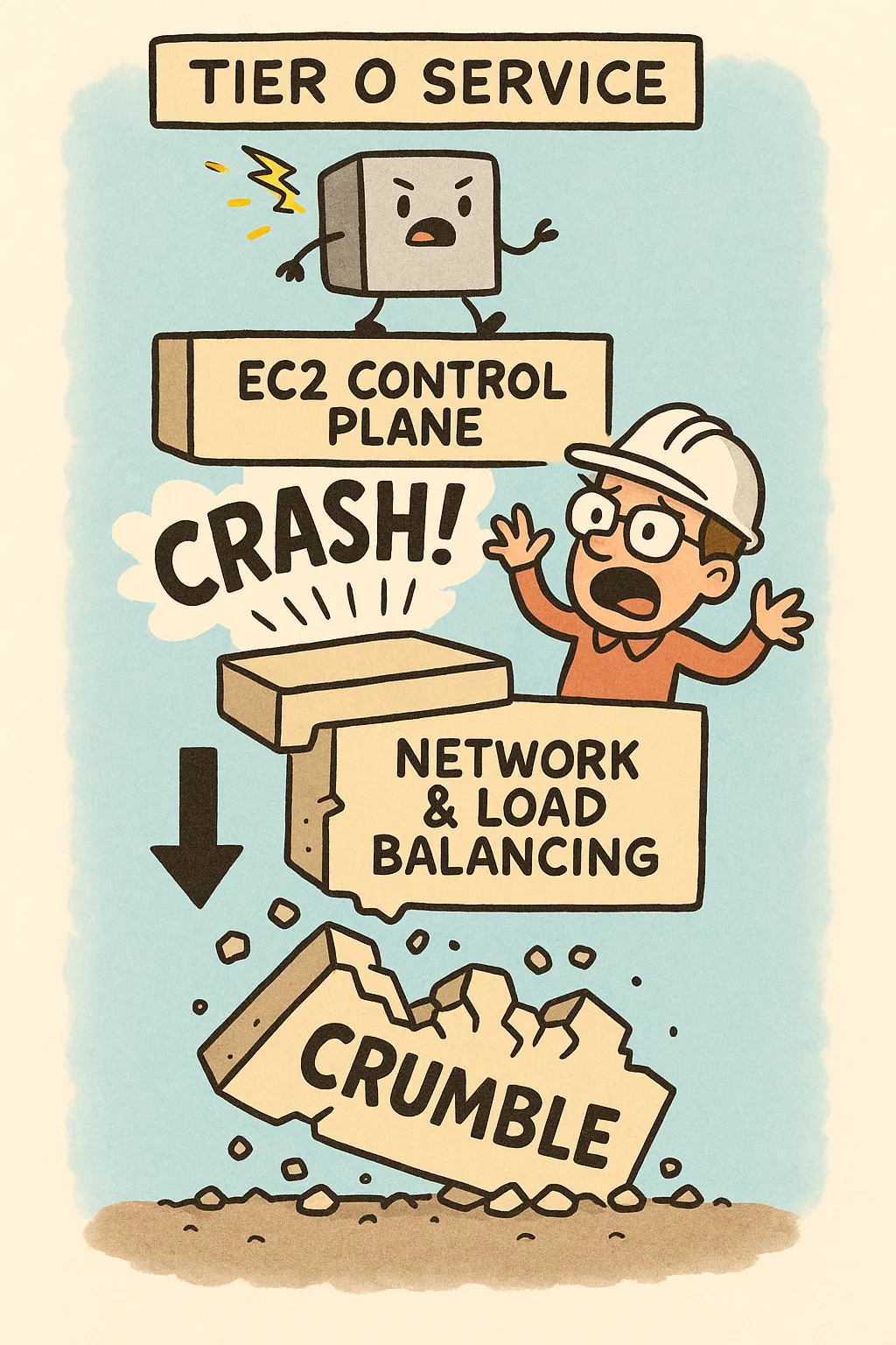 Illustration of a Tier 0 service failure cascading through the EC2 control plane into network and load-balancing failures