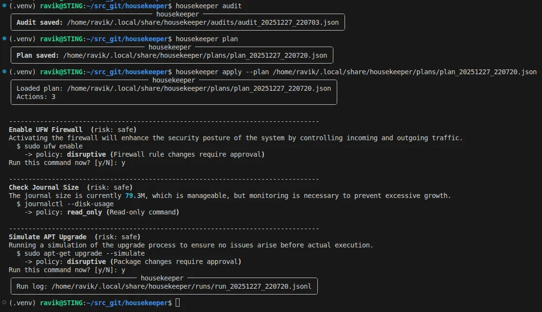Terminal session showing Housekeeper audit, plan, and apply commands with approval prompts for system actions