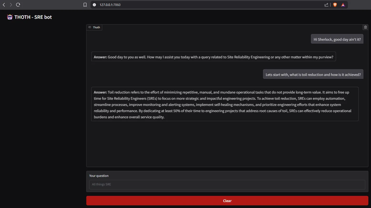 THOTH SRE bot interface answering a question about toil reduction