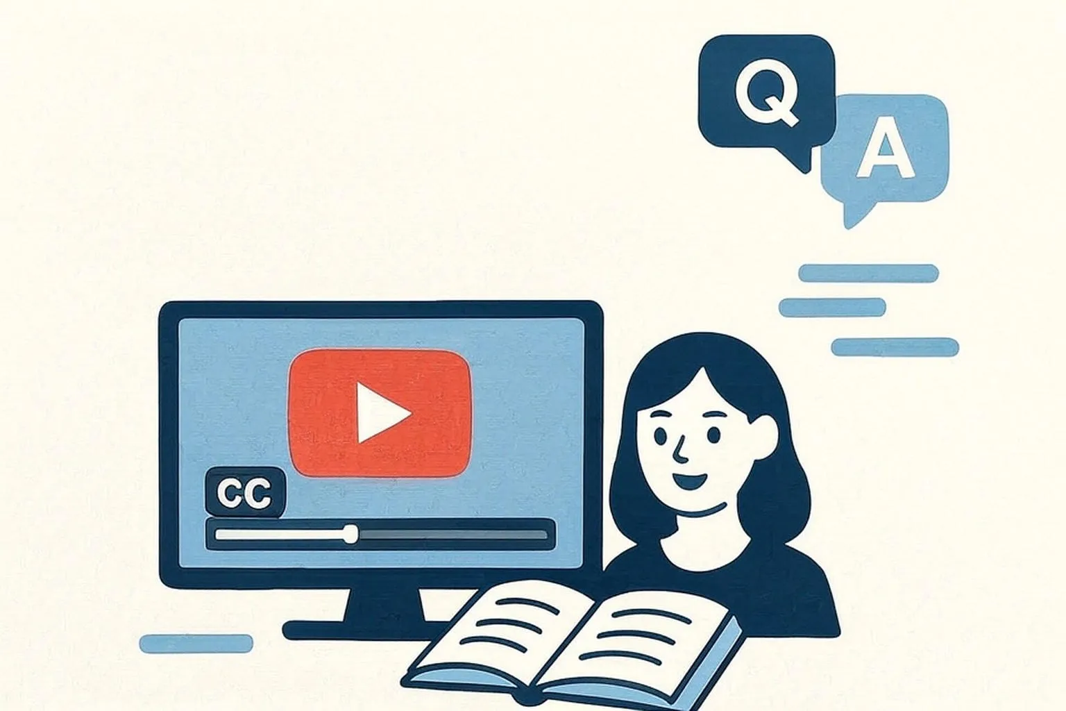 Illustration of a learner using YouTube captions and question-and-answer tools beside an open book